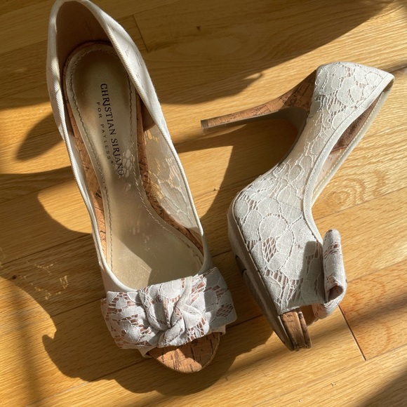 White lace open toe cork heels shoes 8.5 - Picture 6 of 13